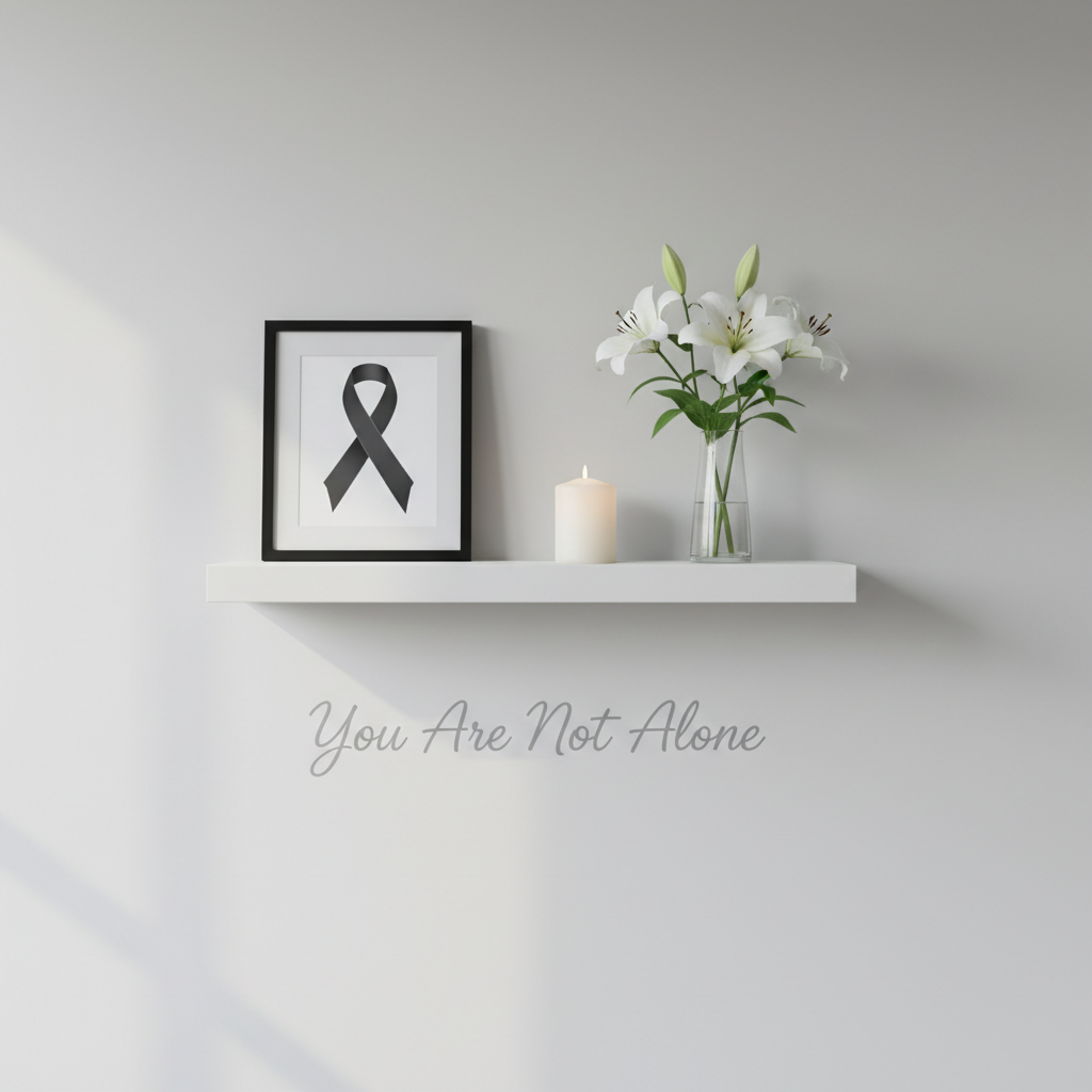 A serene memorial corner designed for private remembrance in a community center: a simple white floating shelf holding a single framed black ribbon illustration, an unlit white pillar candle, and a small clear vase with three fresh white lilies. Below, on a pale gray wall, a subtle vinyl quote reads “You Are Not Alone” in clean, modern script. Soft, diffused natural light washes gently across the wall from the left, creating a peaceful gradient and minimal shadows. Photographic realism with a minimalist aesthetic, captured straight-on with plenty of negative space, evokes quiet respect, solace, and the supportive presence of the organization without depicting any individuals.