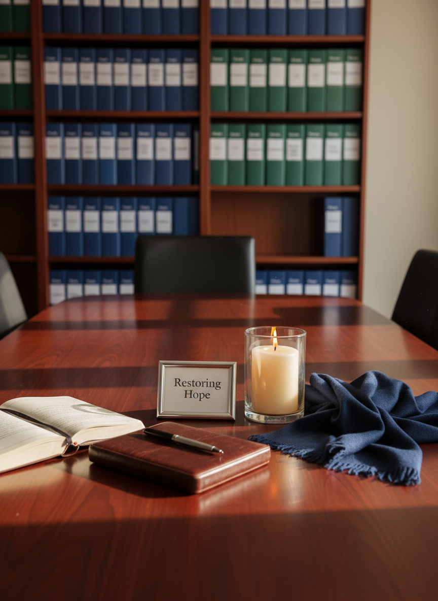 A polished wooden conference table arranged with symbolic objects of support and resilience: a neatly folded navy shawl, a lit ivory candle in a clear glass holder, an open leather-bound journal with a silver pen, and a small framed card reading “Restoring Hope” in elegant serif type. In the background, a soft-focus bookshelf holds organized binders labeled “Legal Aid,” “Counseling,” and “Community Support.” Gentle late-afternoon natural light enters from an unseen window, casting warm, elongated shadows and subtle reflections on the table’s surface. Photographic realism at eye level with a slightly shallow depth of field creates a calm, professional, and reassuring atmosphere, emphasizing clarity, order, and dignity without any human presence.