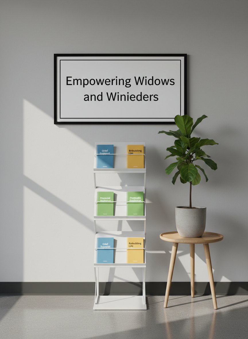 A carefully arranged support resource corner in a modern nonprofit office, featuring a tall, matte-white brochure stand filled with color-coordinated pamphlets titled “Grief Support,” “Financial Guidance,” and “Rebuilding Life.” Beside it stands a slender, leafy indoor plant in a simple gray ceramic pot atop a light oak side table. A soft gray wall behind displays a large, framed mission statement: “Empowering Widows and Widowers” in clean typography. Diffused overcast light filters across the scene from the left, creating gentle, professional shadows and a sense of calm stability. Photographic realism, shot straight-on with sharp focus and balanced composition, conveys an organized, trustworthy environment devoted to practical help and emotional care.