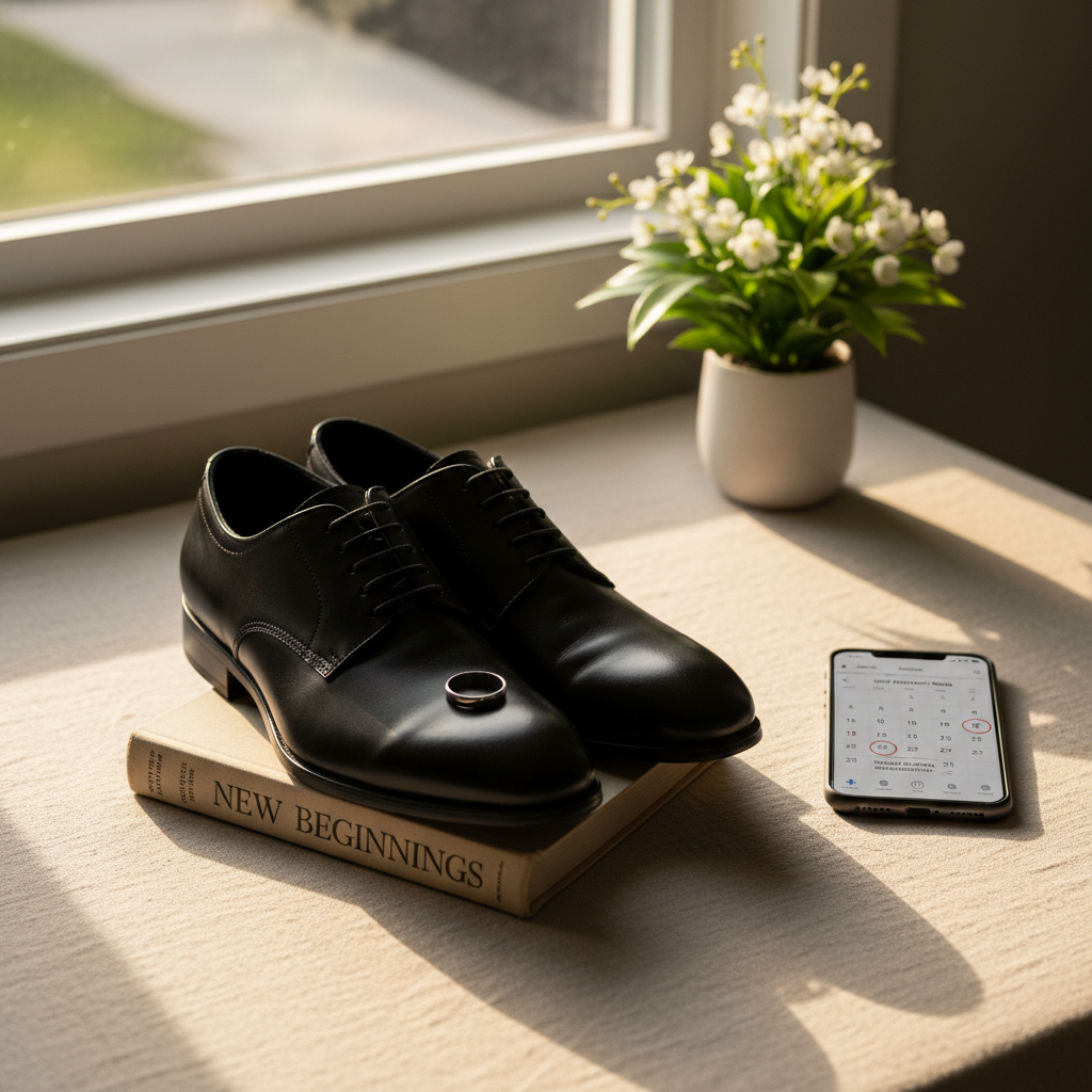 A symbolic still life representing moving forward after loss: a pair of elegant black dress shoes and a delicate silver wedding band resting thoughtfully atop a closed, weathered hardcover book titled “New Beginnings.” Nearby, a modern smartphone displays a calendar with upcoming support group dates, and a small potted white flowering plant adds a touch of quiet life. The scene is set on a light linen-covered surface near a window, where golden hour sunlight streams in, creating soft, hopeful highlights and gentle shadows. Photographic realism, composed with a gentle diagonal arrangement and moderate depth of field, conveys remembrance, transition, and the dignified journey of widows and widowers rebuilding their lives.