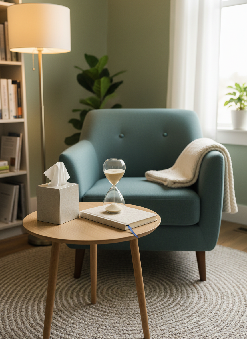 A cozy, professional reflection space in a counseling room, centered on a small round ash-wood table holding a box of tissues, a closed linen-covered notebook with a ribbon marker, and a calming sand hourglass mid-flow. Behind, a plush armchair in muted teal fabric faces the table, with a folded cream blanket resting neatly over its arm. A textured, neutral rug defines the area, while a tall floor lamp with a fabric shade casts warm, diffused light that mingles with soft natural window light from the side. Photographic realism, captured from a slightly elevated angle, creates an intimate yet dignified atmosphere, evoking safety, patience, and attentive care for those processing loss.