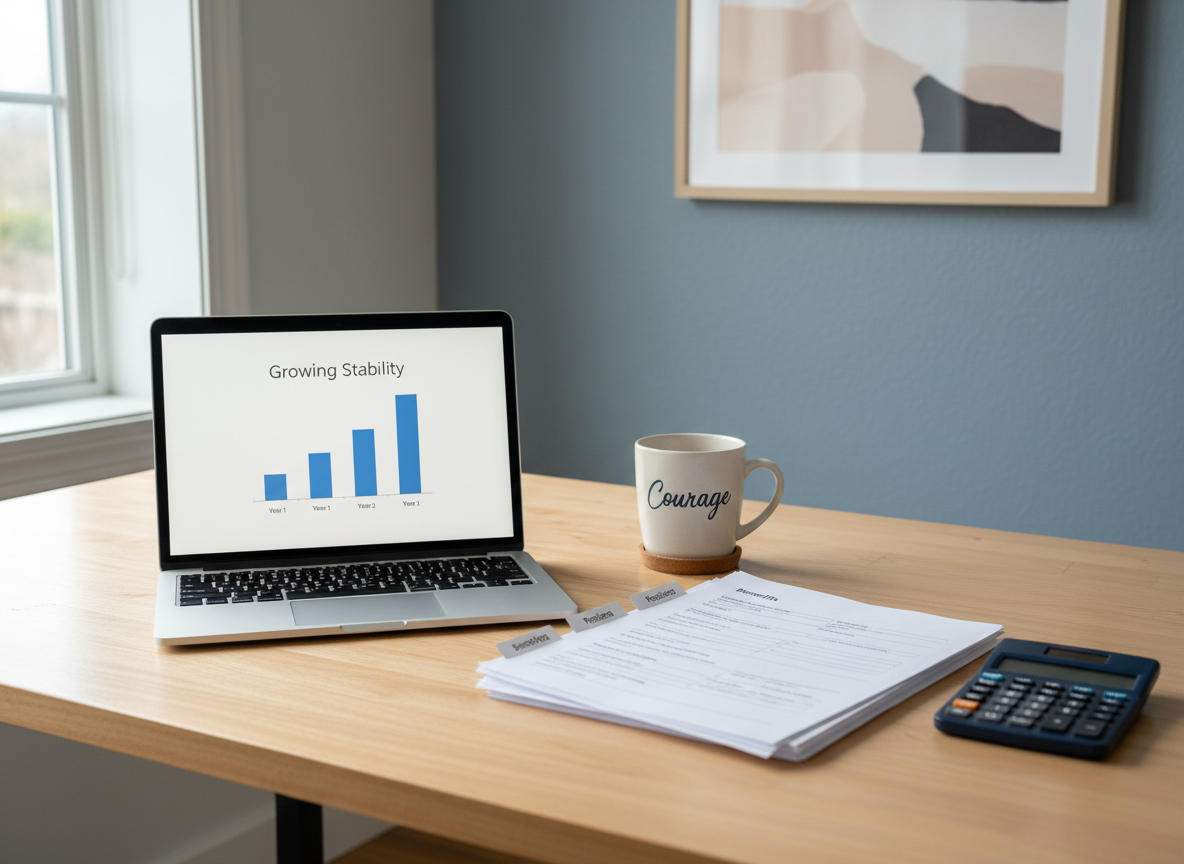 An organized resource desk prepared for financial and legal empowerment, featuring a slim laptop open to a simple bar chart of “Growing Stability,” a tidy stack of forms labeled “Benefits,” “Pensions,” and “Estate Planning,” and a dark blue calculator placed precisely beside them. A ceramic mug with the word “Courage” in understated lettering sits on a cork coaster. The desk surface is light maple, framed by a muted blue-gray wall with a subtle framed abstract art piece in soft neutrals. Cool, even daylight from a nearby window illuminates everything clearly, with crisp, professional shadows. Photographic realism, shot from a slightly elevated three-quarter angle, projects competence, clarity, and practical support for widows and widowers managing new responsibilities.