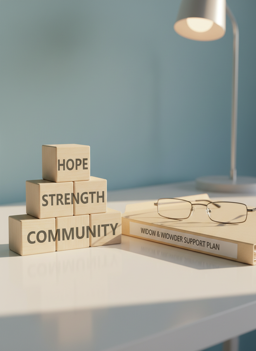 A close-up of a neatly stacked set of symbolic rebuilding blocks on a smooth white desk: pale wooden cubes etched with words like “Hope,” “Strength,” “Community,” and “Future” in warm gray lettering. Next to them lies a tidy folder with a visible label “Widow & Widower Support Plan” and a pair of simple reading glasses resting atop. In the blurred background, a soft blue accent wall and a minimal desktop lamp suggest a quiet office setting. Soft morning daylight enters from the right, creating delicate highlights along the cubes’ edges and a serene, focused mood. Photographic realism with shallow depth of field and rule-of-thirds composition emphasizes transformation, structure, and renewed possibility.