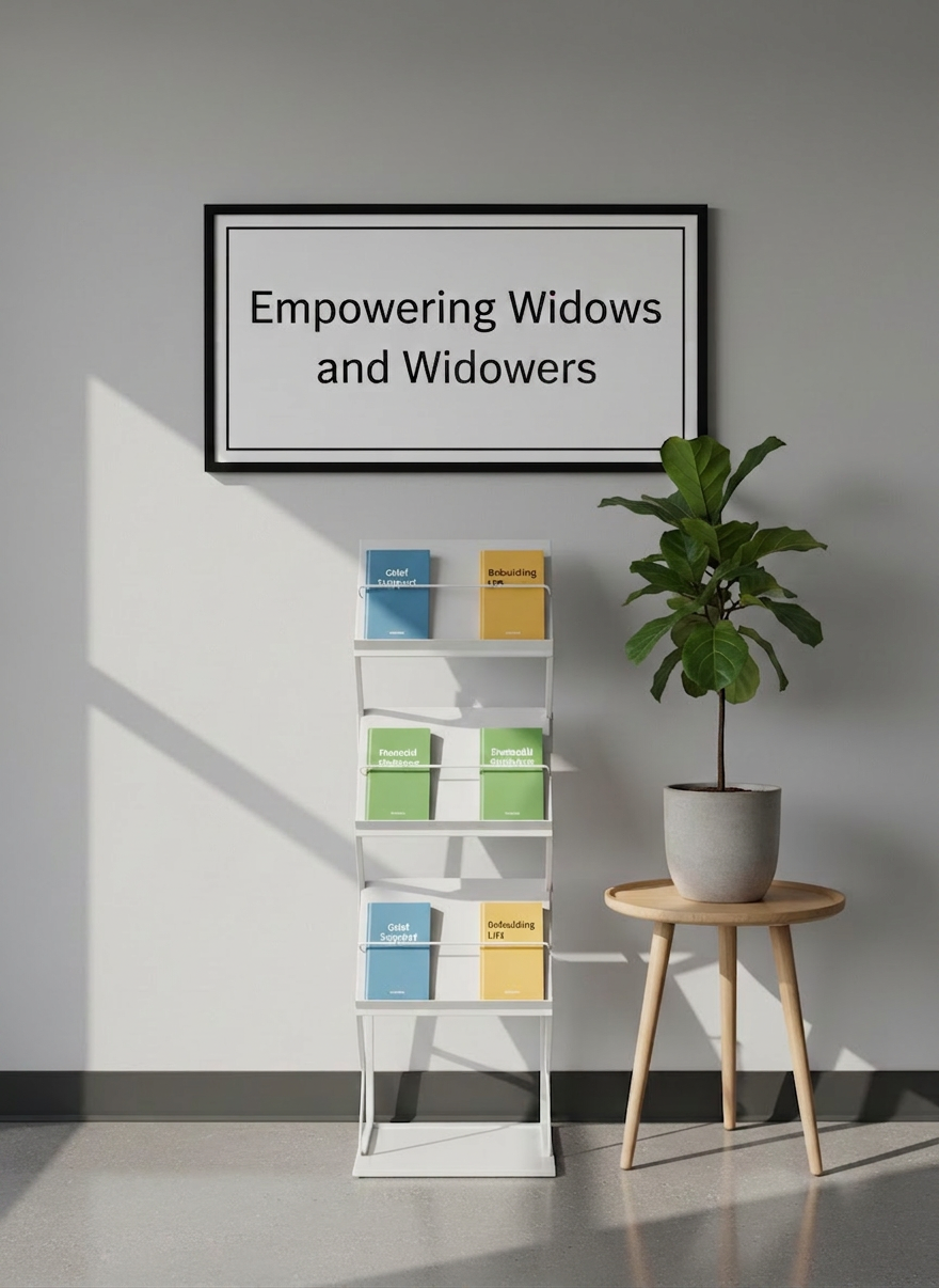 Widow & widower empowerment A carefully arranged support resource corner in a modern nonprofit office, featuring a tall, matte-white brochure stand filled with color-coordinated pamphlets titled “Grief Support,” “Financial Guidance,” and “Rebuilding Life.” Beside it stands a slender, leafy indoor plant in a simple gray ceramic pot atop a light oak side table. A soft gray wall behind displays a large, framed mission statement: “Empowering Widows and Widowers” in clean typography. Diffused overcast light filters across the scene from the left, creating gentle, professional shadows and a sense of calm stability. Photographic realism, shot straight-on with sharp focus and balanced composition, conveys an organized, trustworthy environment devoted to practical help and emotional care.