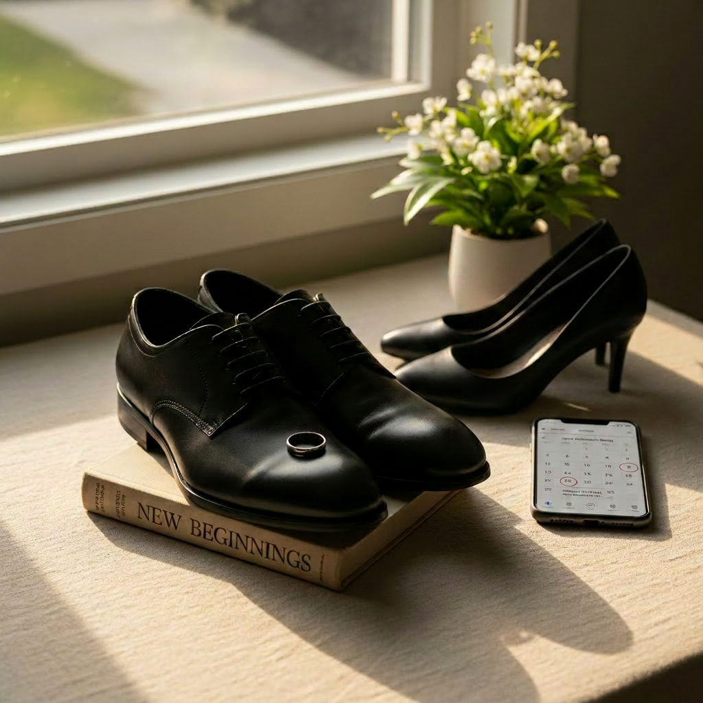 Widow & widower empowerment A symbolic still life representing moving forward after loss: a pair of elegant black dress shoes and a delicate silver wedding band resting thoughtfully atop a closed, weathered hardcover book titled “New Beginnings.” Nearby, a modern smartphone displays a calendar with upcoming support group dates, and a small potted white flowering plant adds a touch of quiet life. The scene is set on a light linen-covered surface near a window, where golden hour sunlight streams in, creating soft, hopeful highlights and gentle shadows. Photographic realism, composed with a gentle diagonal arrangement and moderate depth of field, conveys remembrance, transition, and the dignified journey of widows and widowers rebuilding their lives.